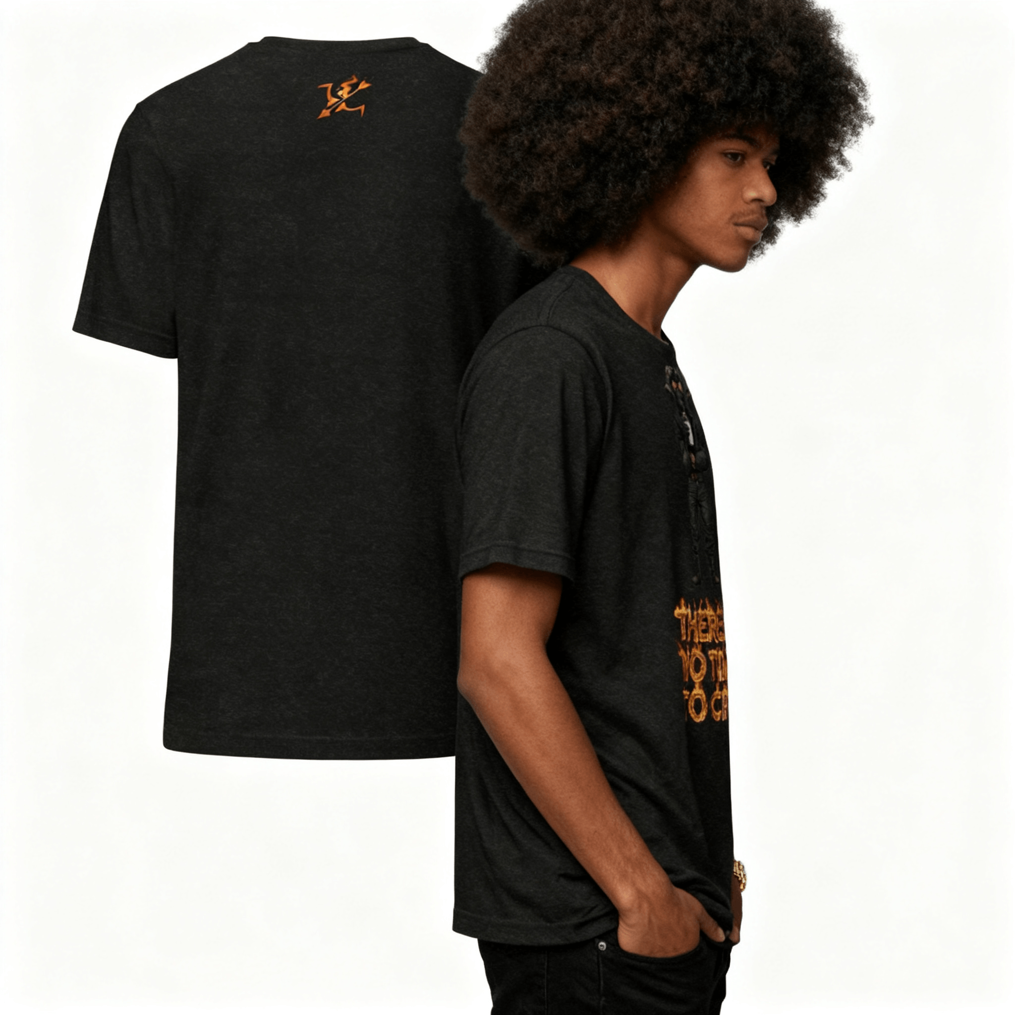 Person wearing a black t-shirt with text and graphics, showing the front and back views.