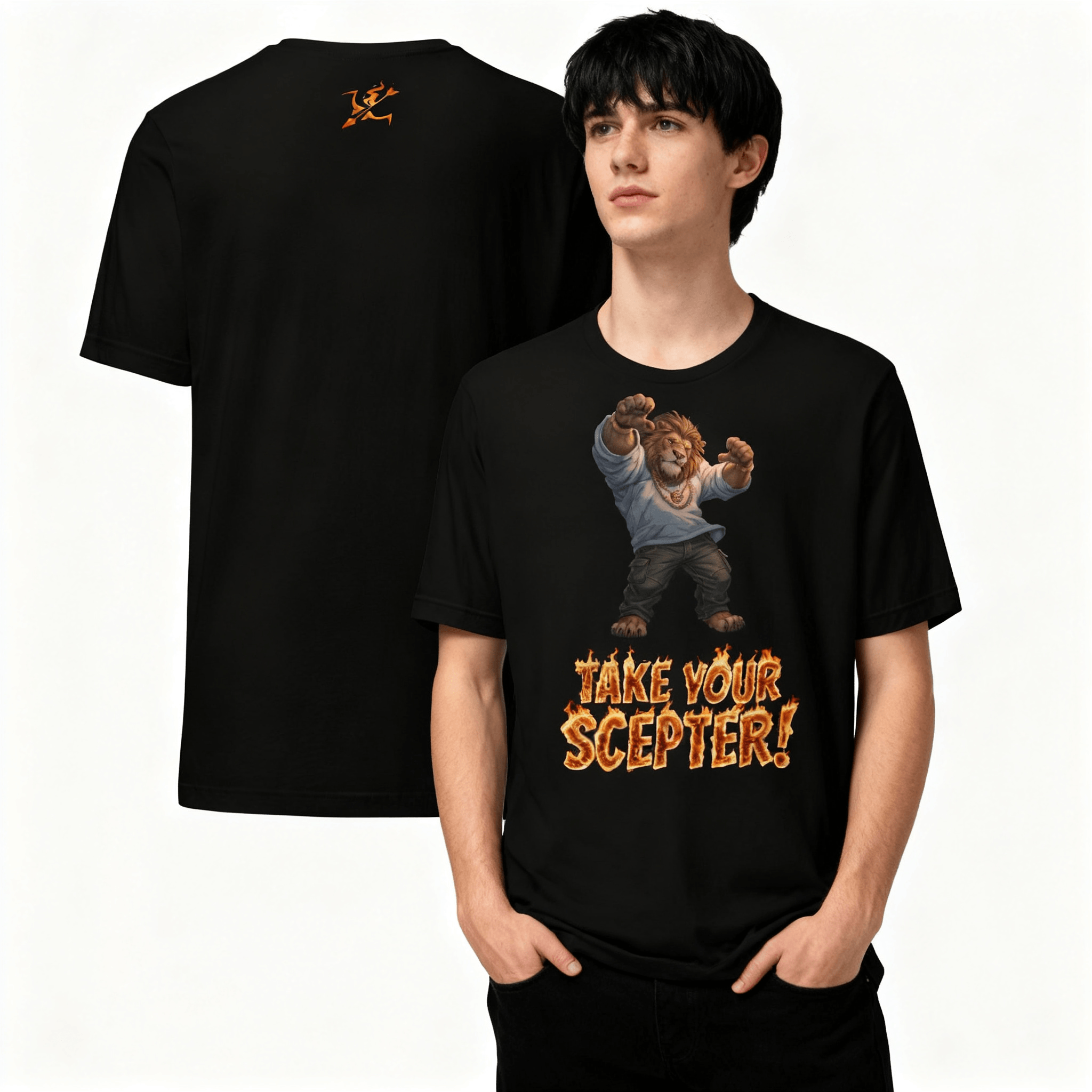 Black t-shirt with a graphic design and text 'Take Your Scepter!' worn by a person, with the back of the shirt showing a logo.