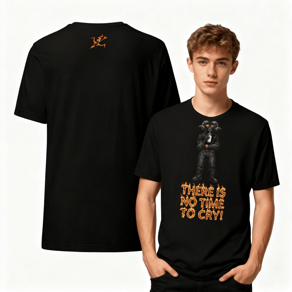 Black t-shirt with graphic design and text worn by a person, showing front and back views.
