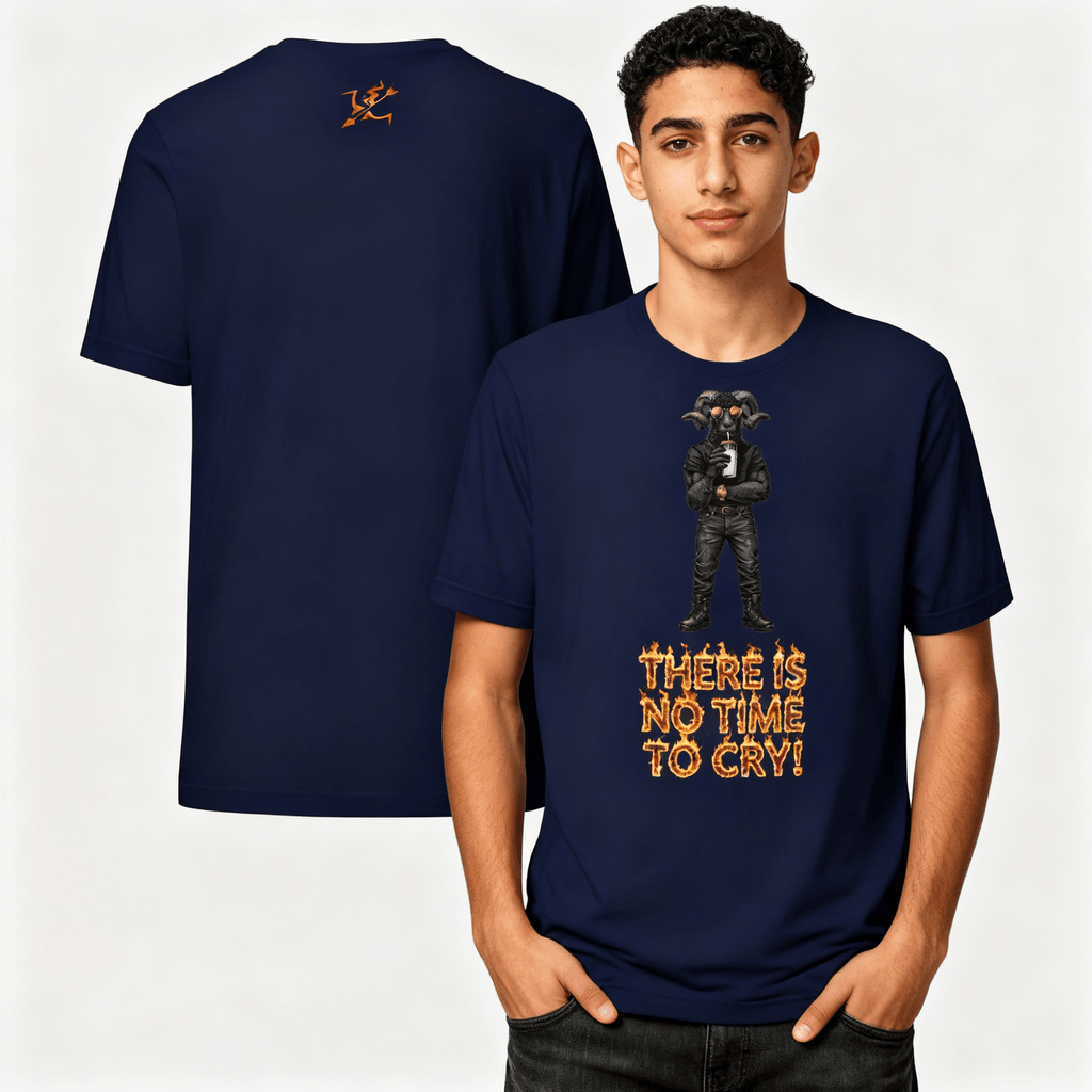 Navy blue t-shirt with graphic design and text worn by a person, showing front and back views.