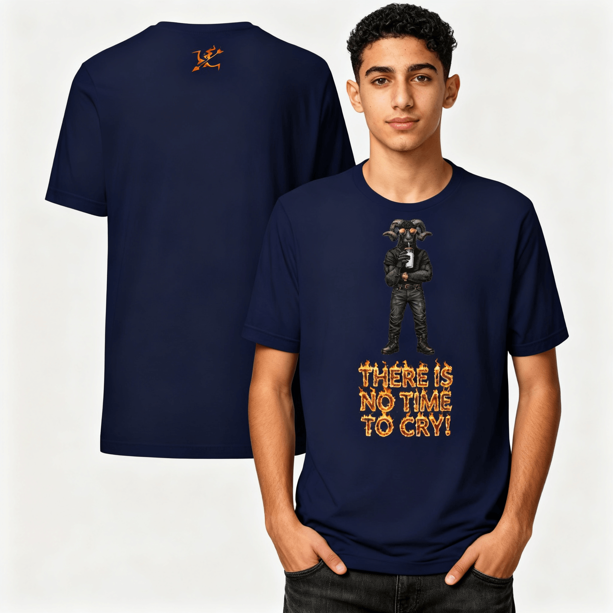 Navy blue t-shirt with graphic design and text worn by a person, showing front and back views.