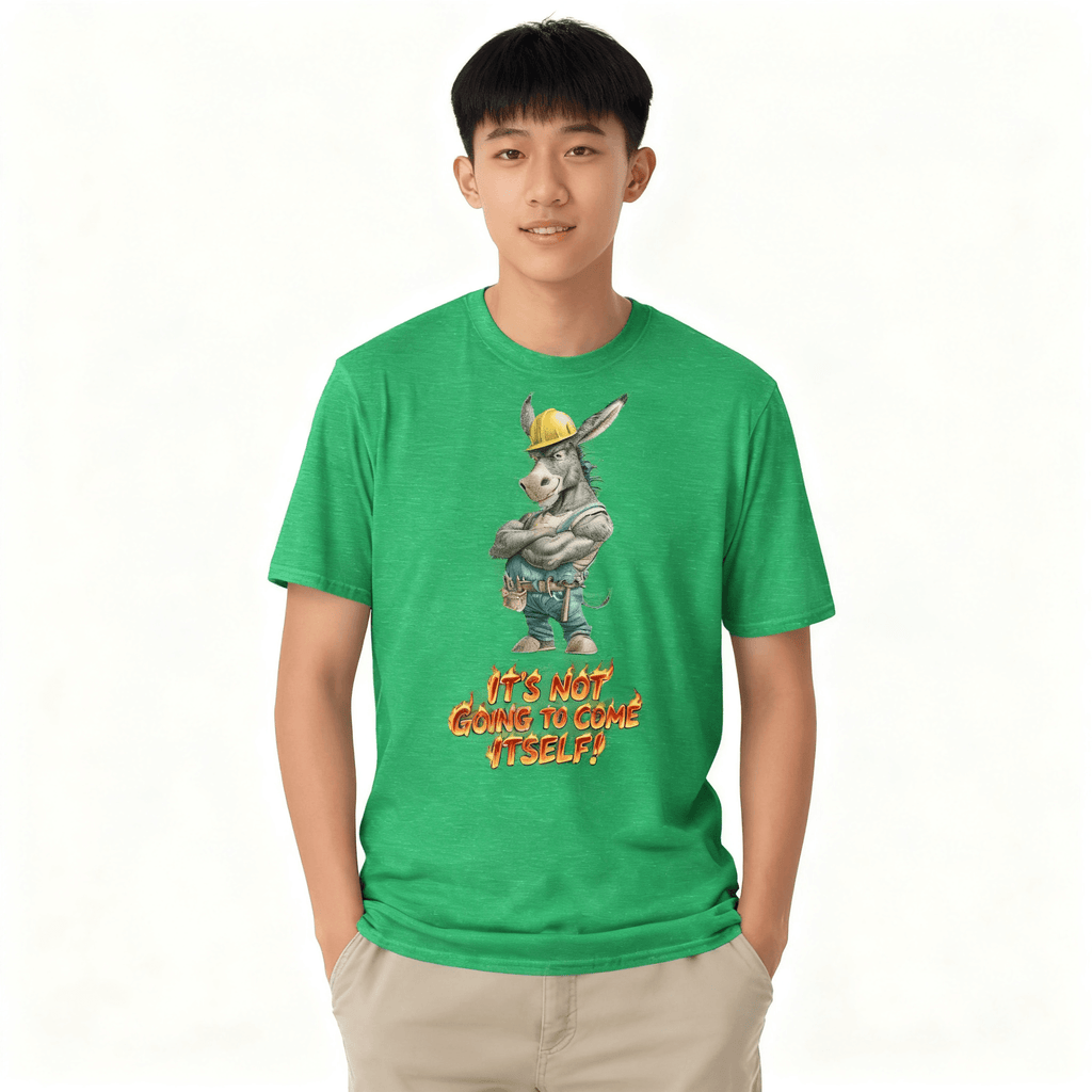 Person wearing a green t-shirt with a cartoon character and text on a white background