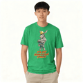 Person wearing a green t-shirt with a cartoon character and text on a white background