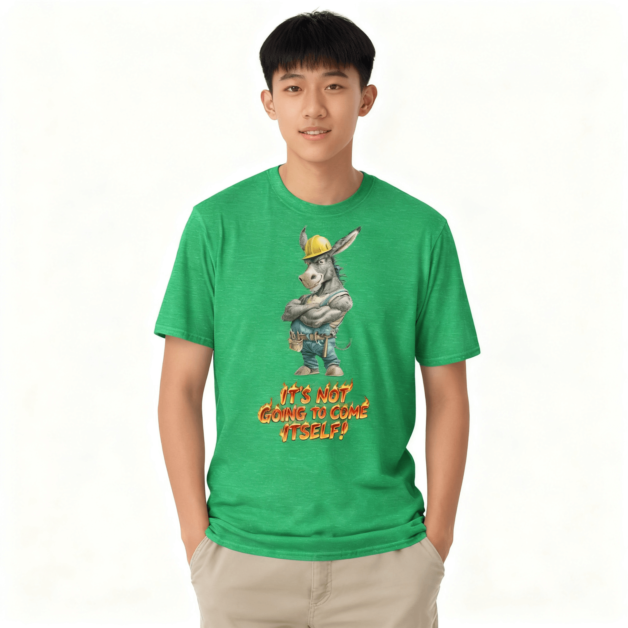 Person wearing a green t-shirt with a cartoon character and text on a white background