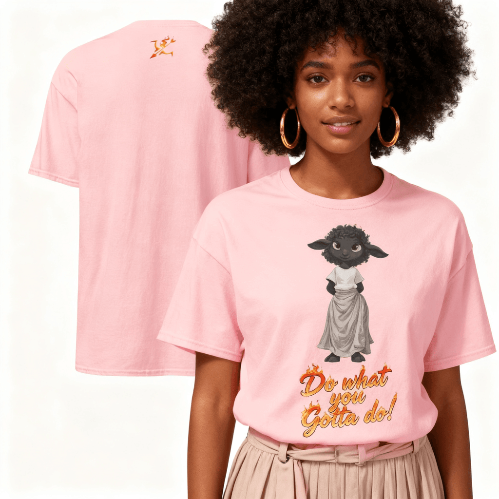 Person wearing a pink t-shirt with a cartoon character and text, next to a plain pink t-shirt.