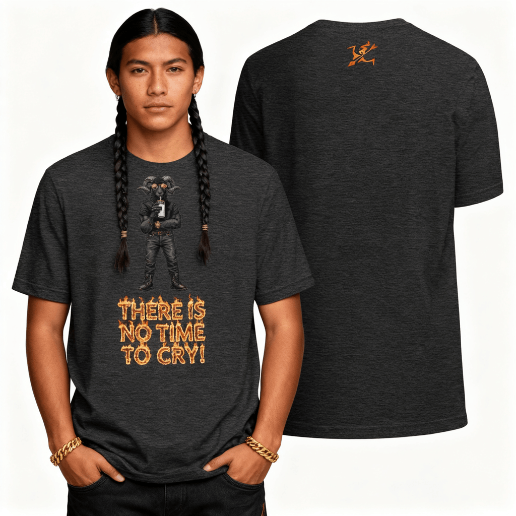 Person wearing a dark gray t-shirt with a graphic design and text, shown from front and back.
