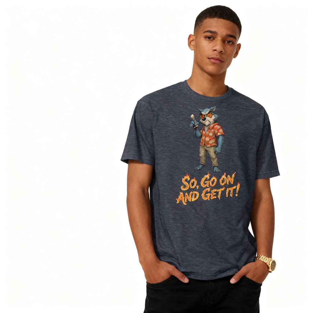 Person wearing a t-shirt with a graphic design and text on a white background