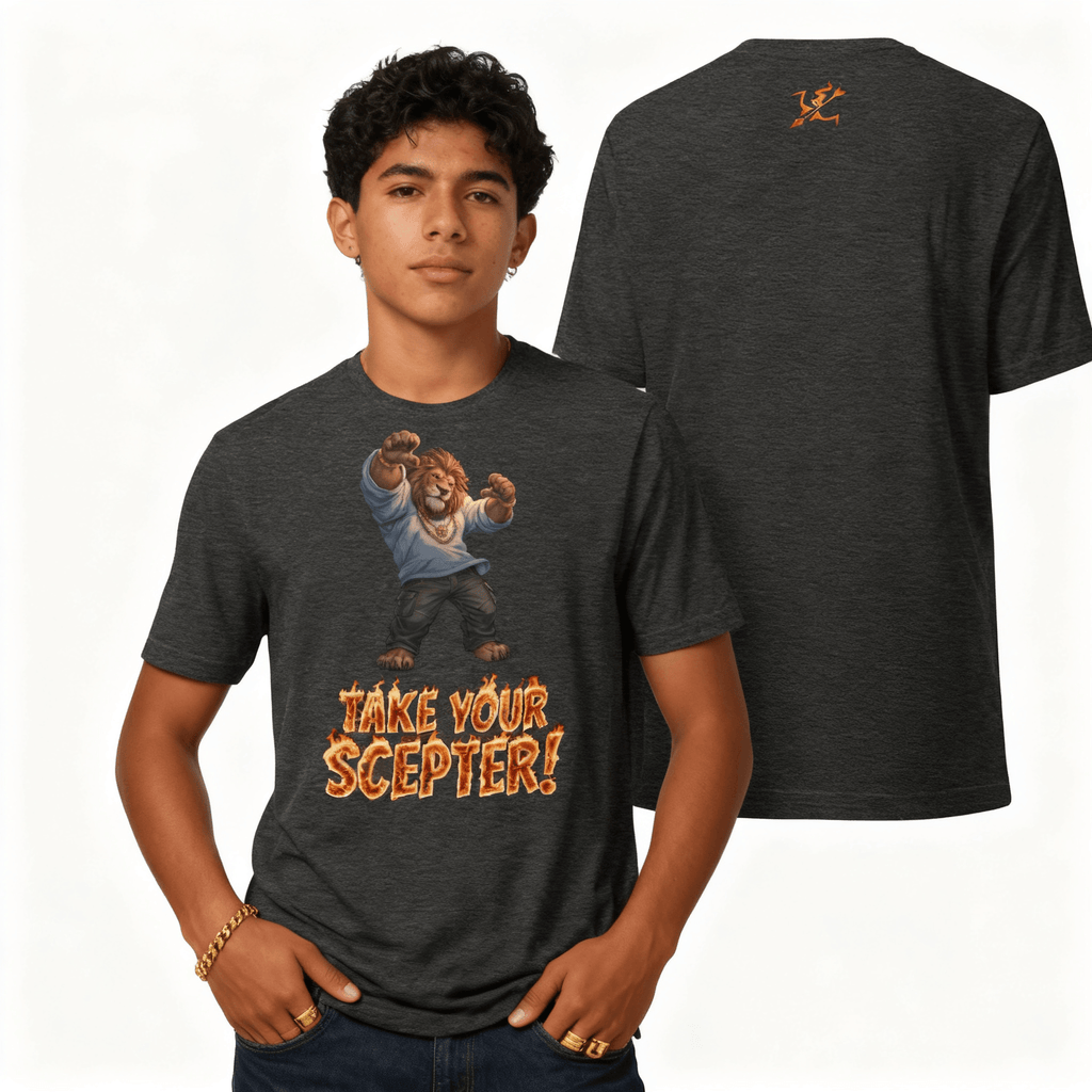 Person wearing a dark gray t-shirt with a graphic design and text, shown from front and back.