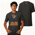 Person wearing a dark gray t-shirt with a graphic design and text, shown from front and back.