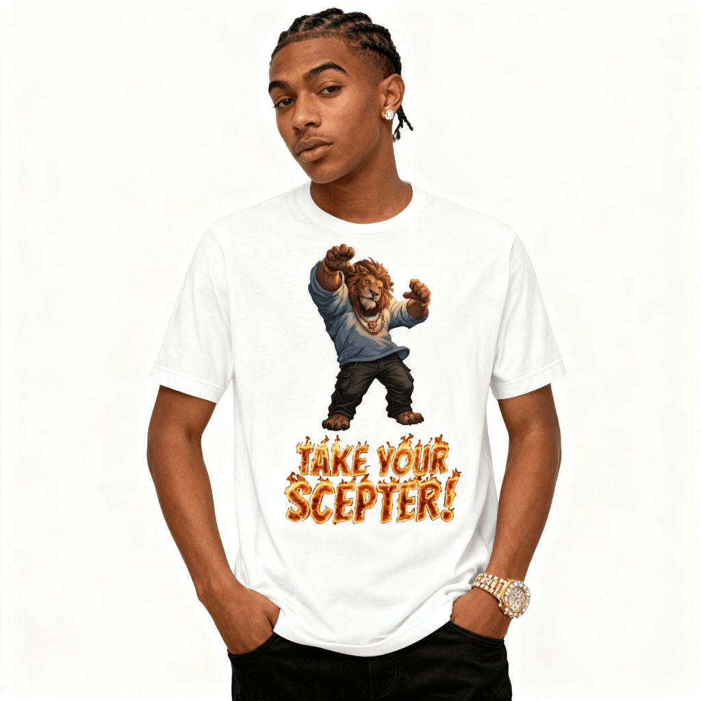 Person wearing a white t-shirt with a graphic of a lion and text 'Take Your Scepter!' on a white background
