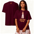 Maroon t-shirt with graphic design and text worn by a young woman, showing front and back views.
