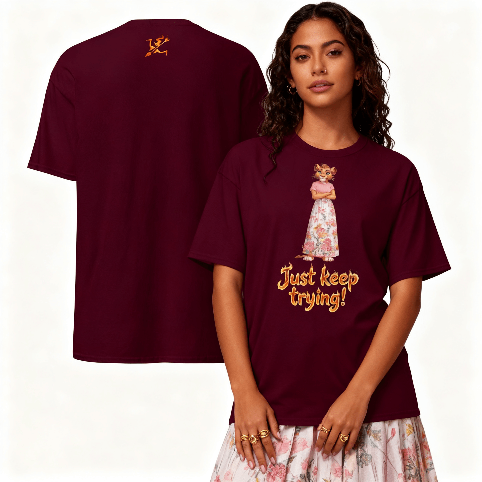 Maroon t-shirt with graphic design and text worn by a young woman, showing front and back views.