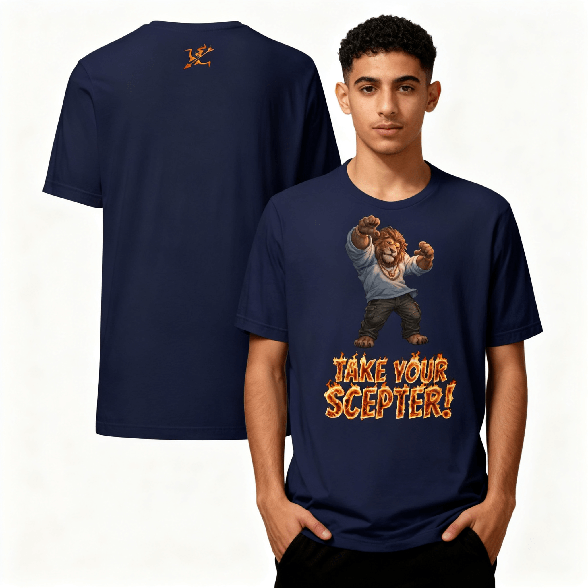 Navy blue t-shirt with a graphic design and text, worn by a person, with a plain background.