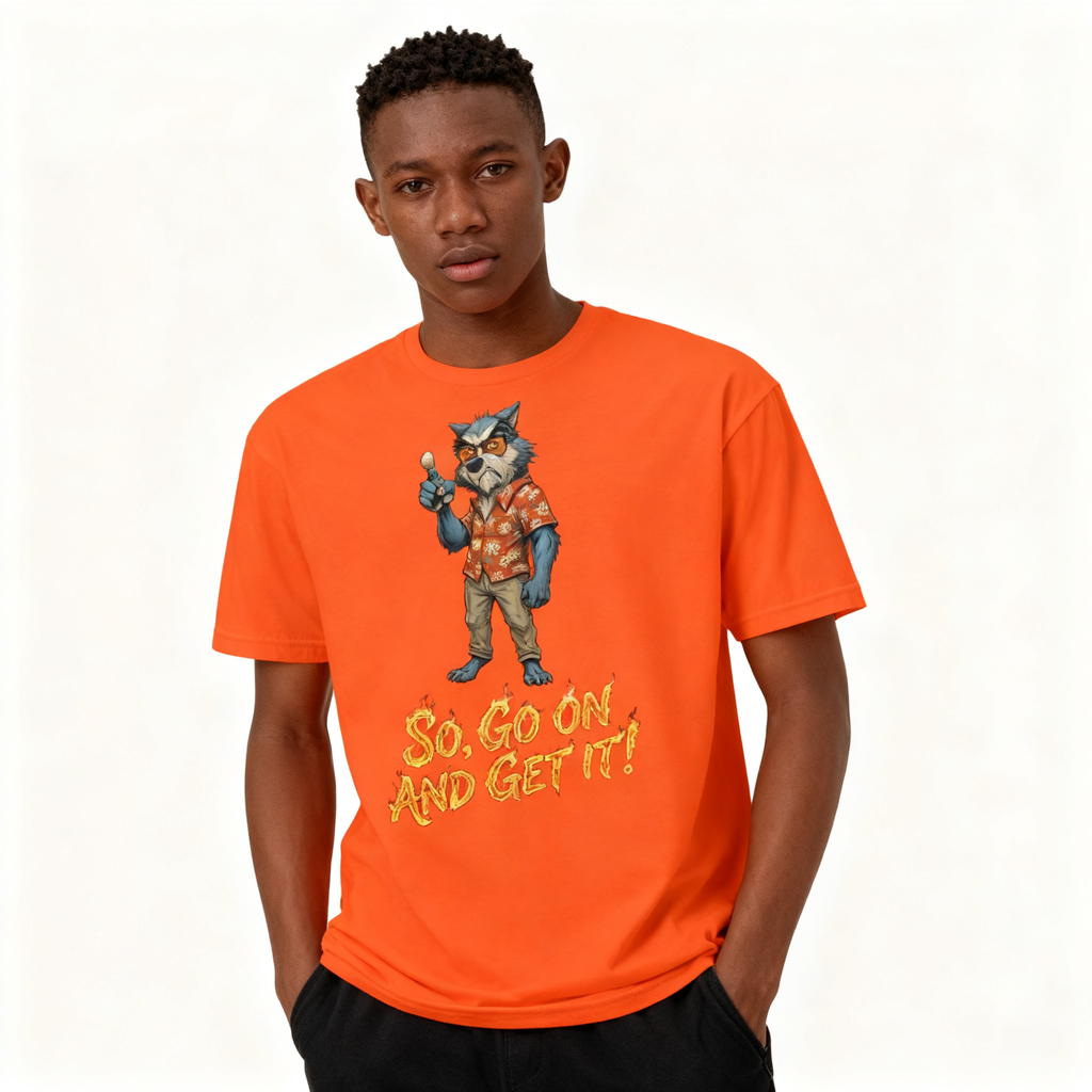 Person wearing an orange t-shirt with a graphic design and text on a white background