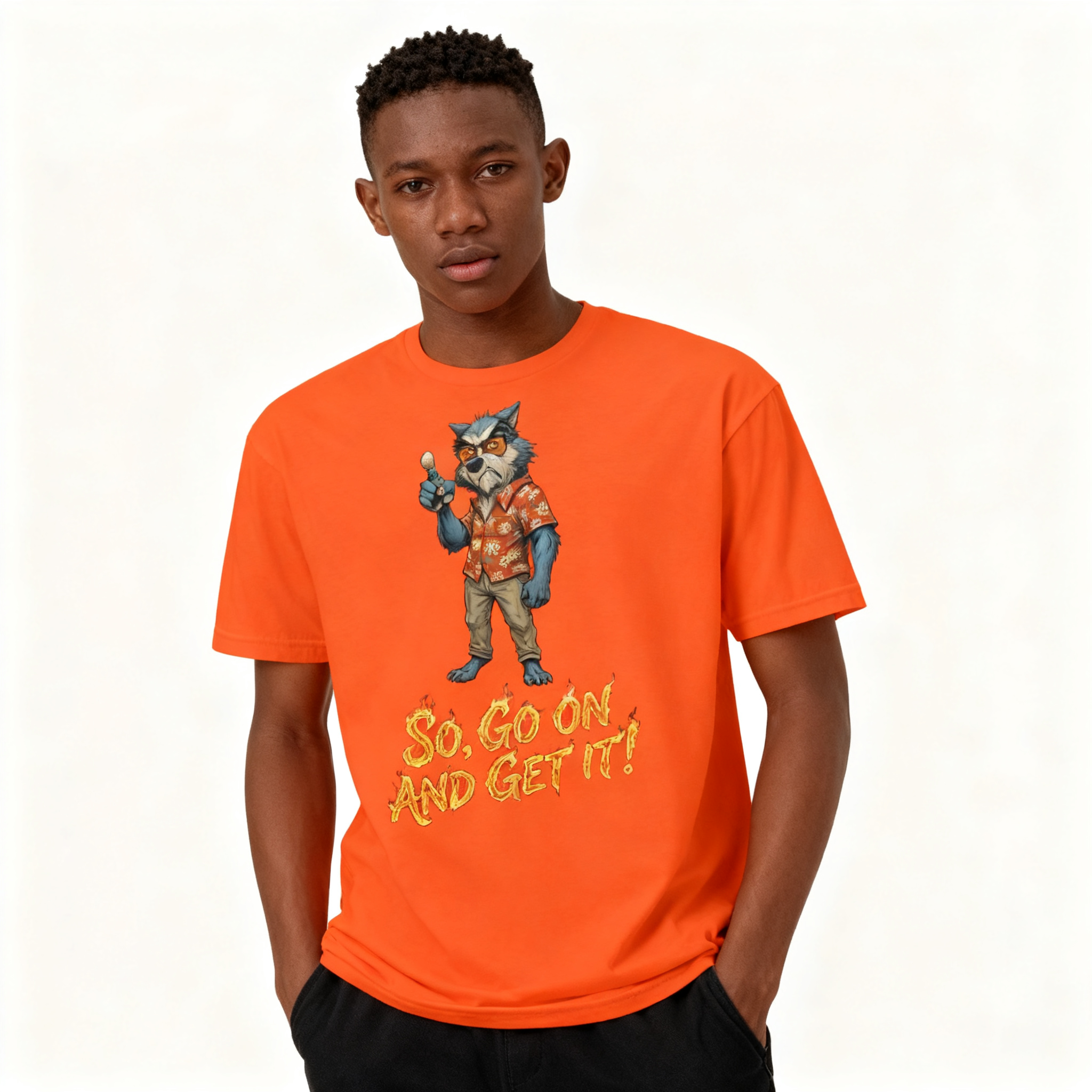 Person wearing an orange t-shirt with a graphic design and text on a white background