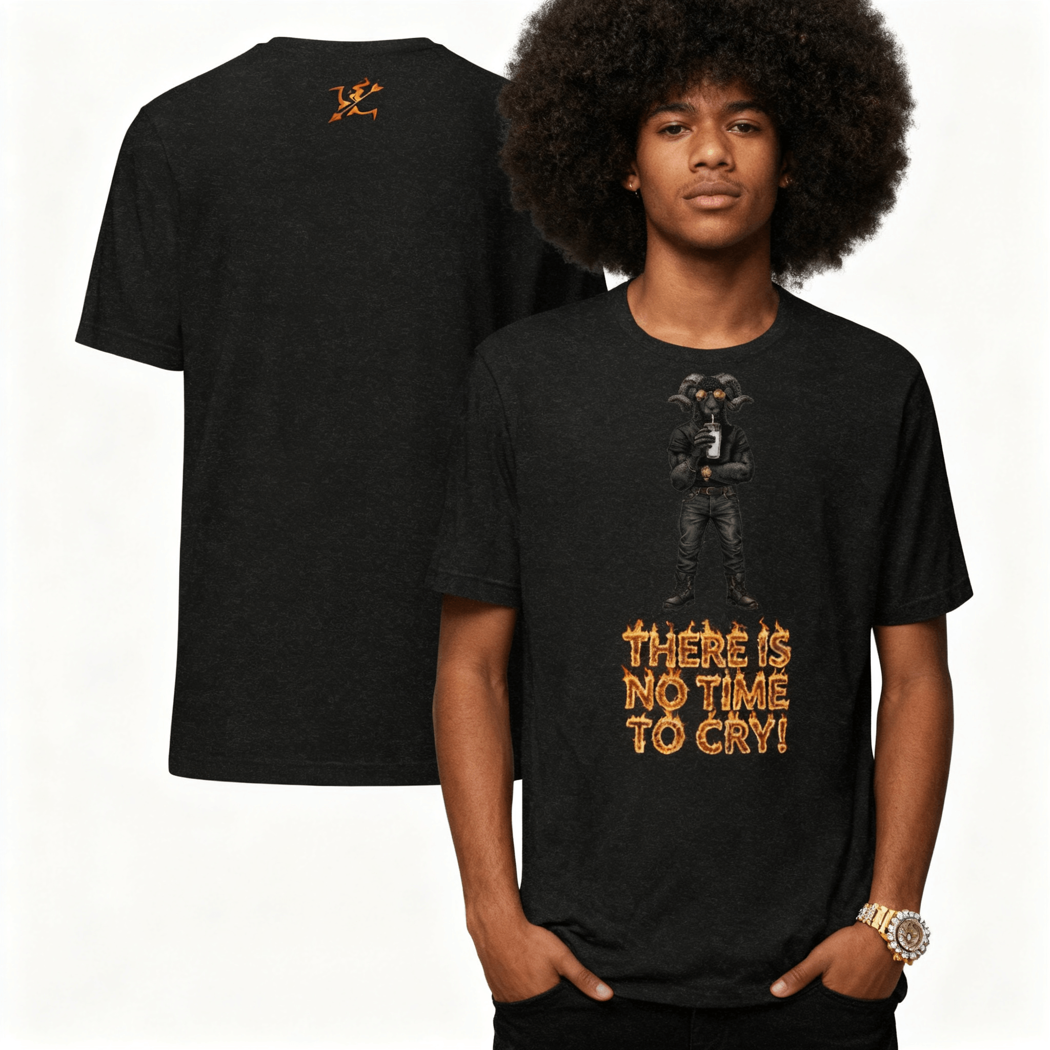 Person wearing a black t-shirt with a graphic and text, standing next to a plain black t-shirt.