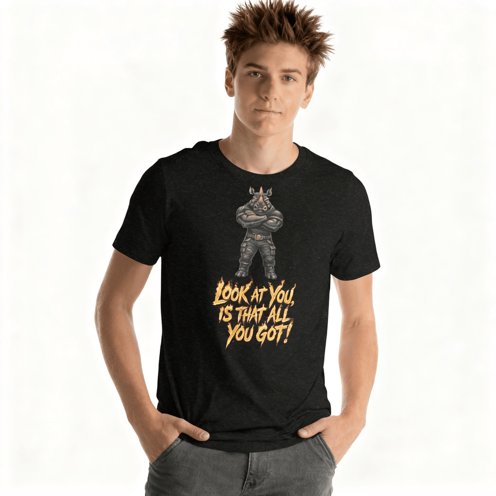 Person wearing a black t-shirt with a graphic and text on a white background