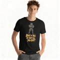 Person wearing a black t-shirt with a graphic and text on a white background