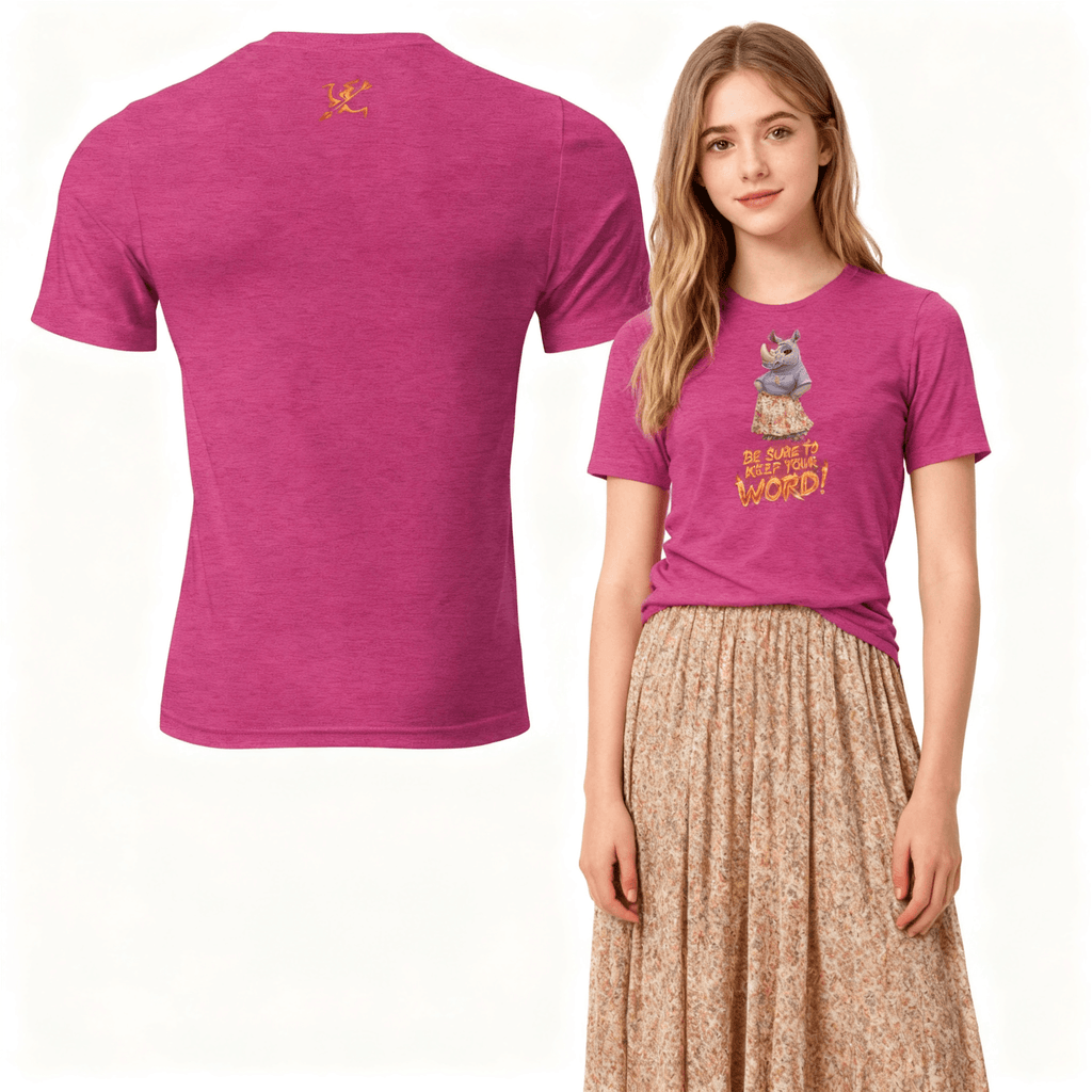 Pink t-shirt with cartoon character design, shown on a model and its back view.