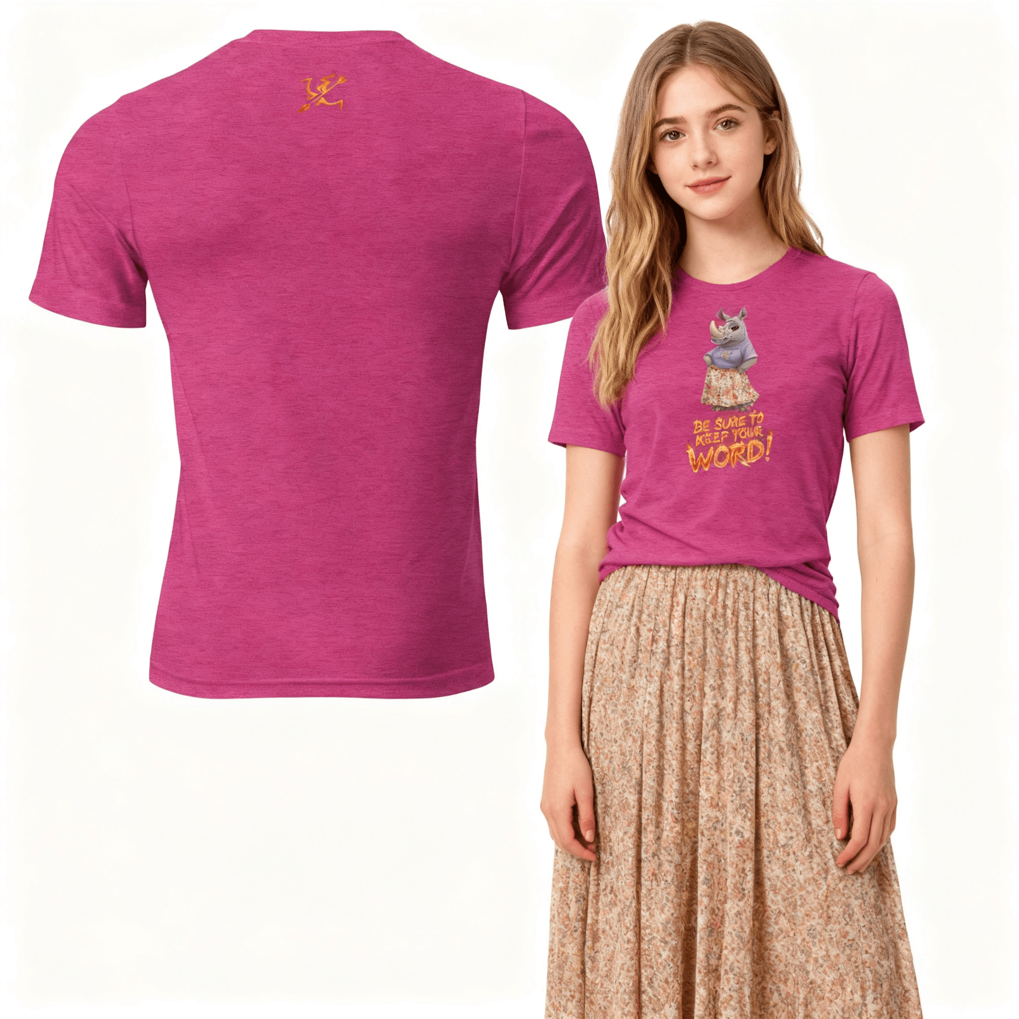 Pink t-shirt with cartoon character design, shown on a model and its back view.