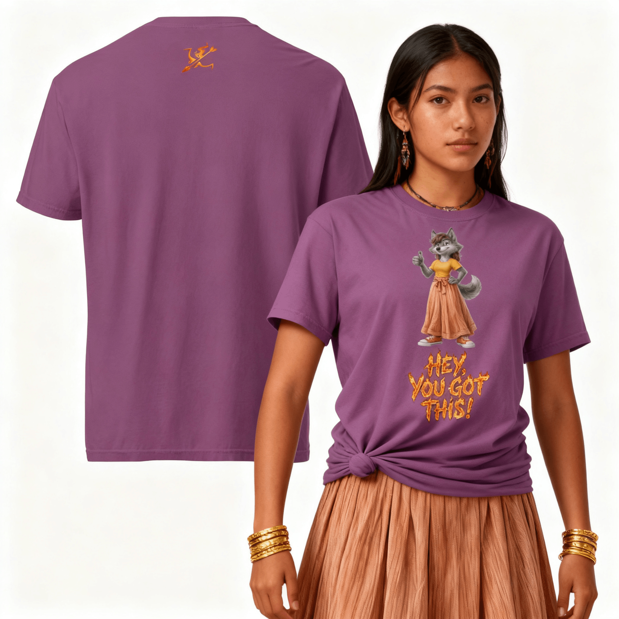 Female wearing a purple graphic tee shirt