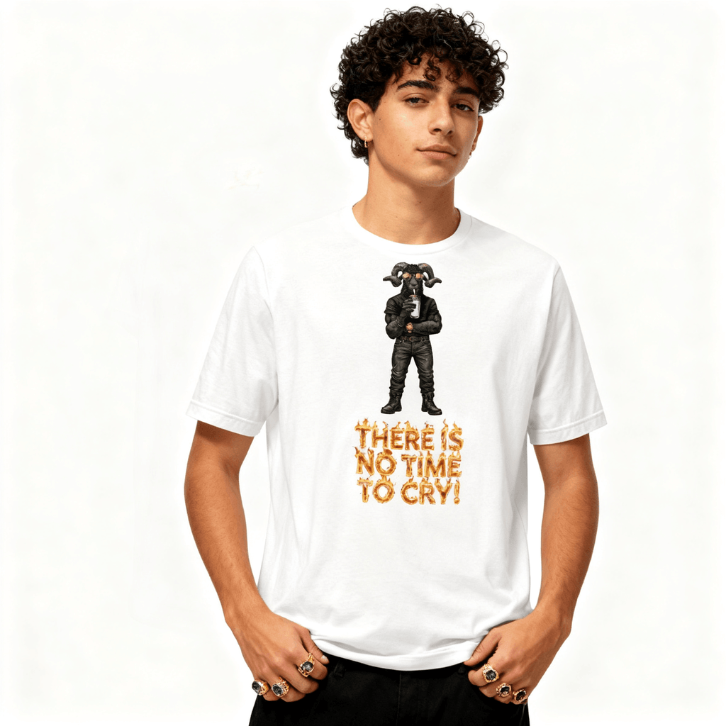 Person wearing a white t-shirt with a graphic and text on a white background