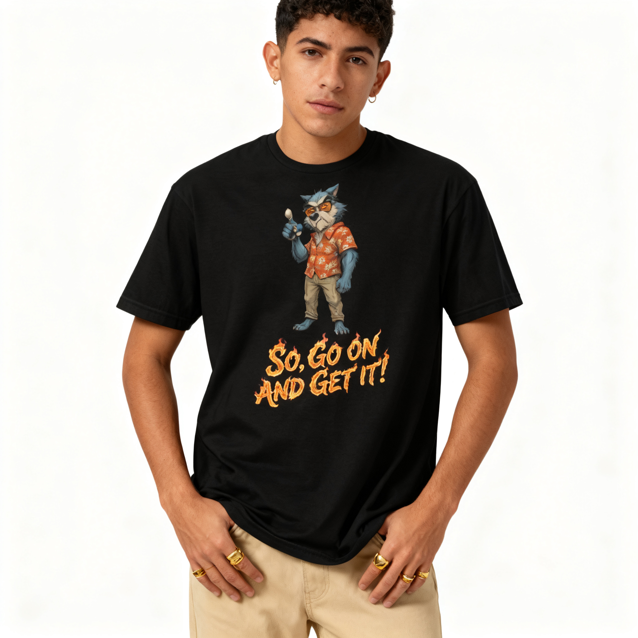 Person wearing a black t-shirt with a graphic design and text on a white background