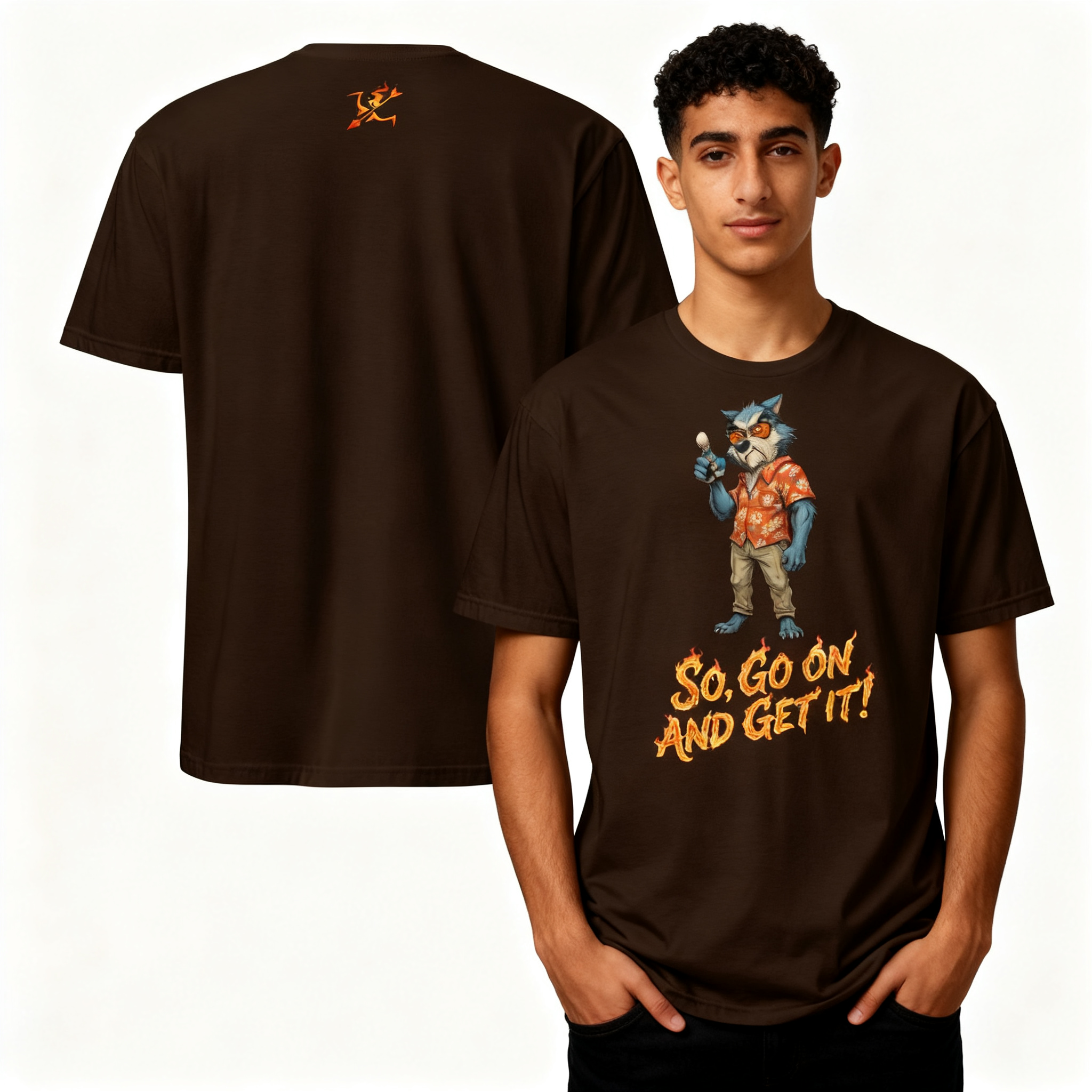 Brown t-shirt with cartoon character and text, shown on a person against a white background