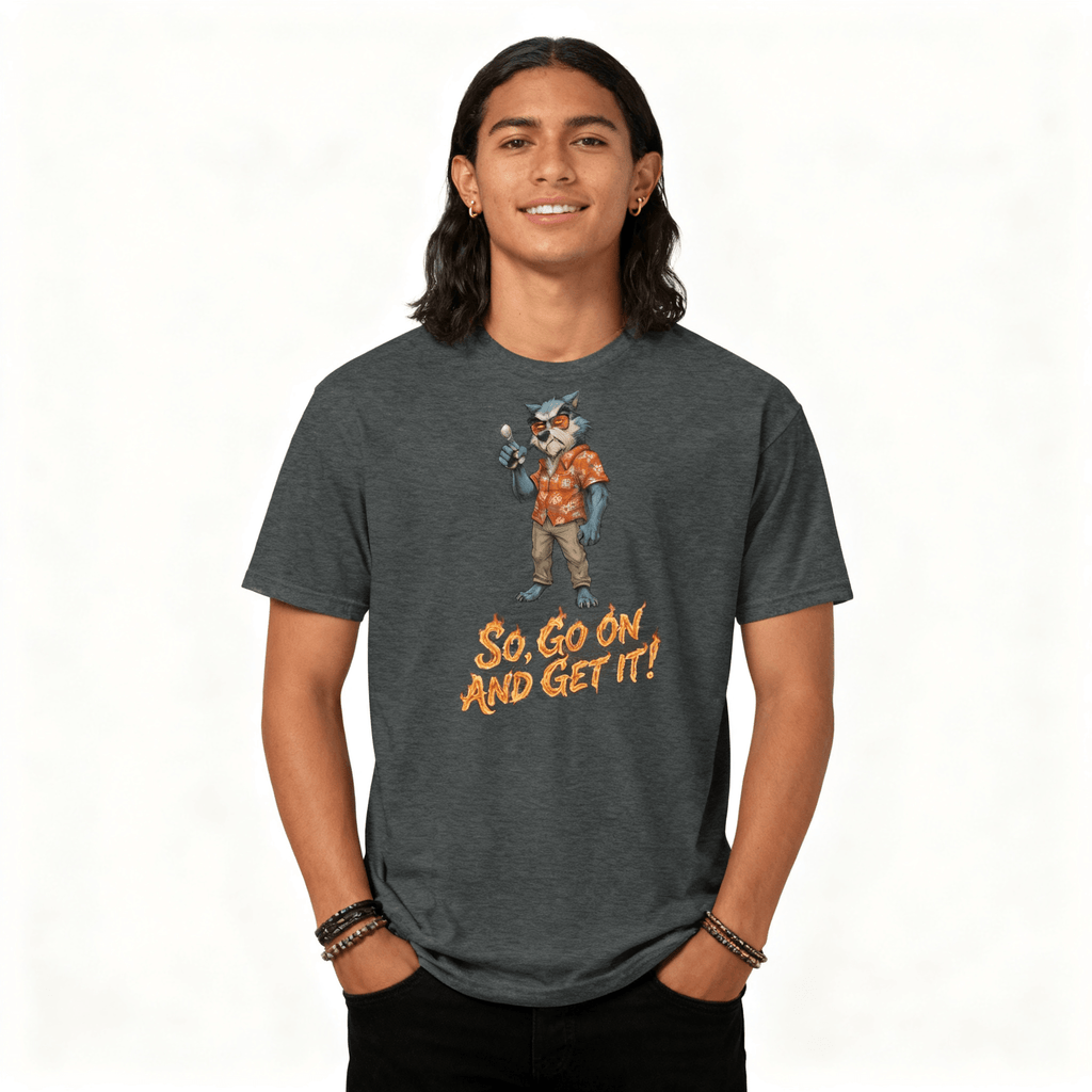 Person wearing a dark gray t-shirt with a graphic of a character and text on a white background