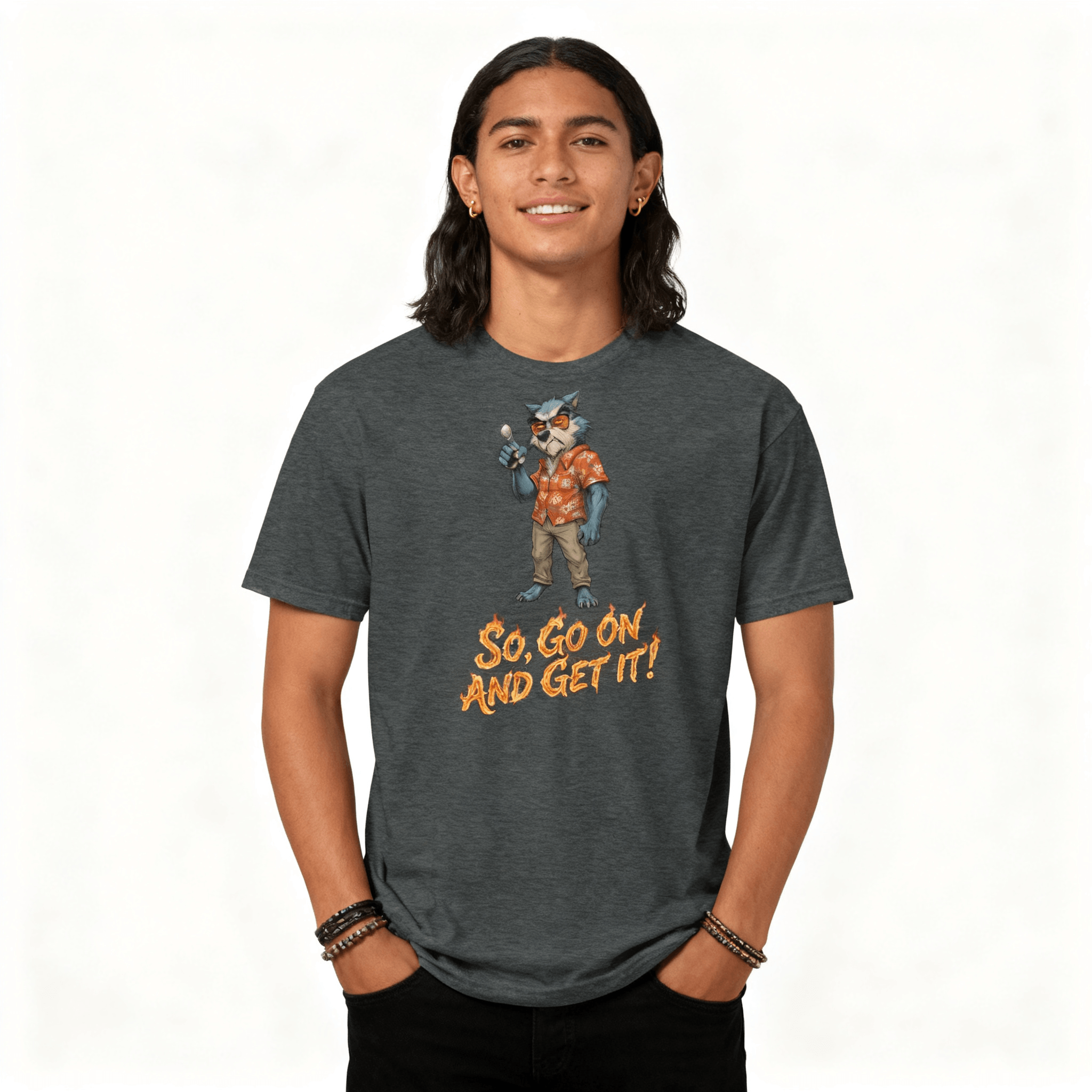 Person wearing a dark gray t-shirt with a graphic of a character and text on a white background