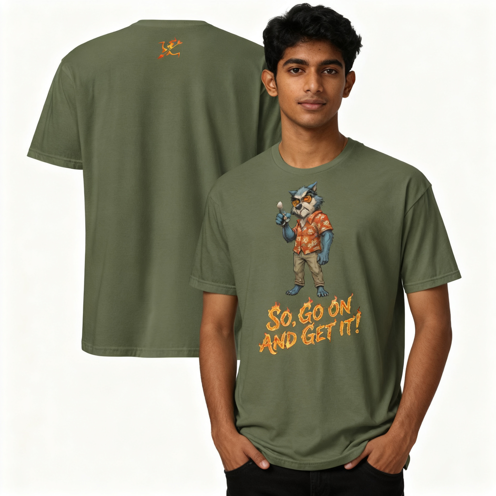 Green t-shirt with a graphic design and text, worn by a person, with the shirt displayed from front and back.