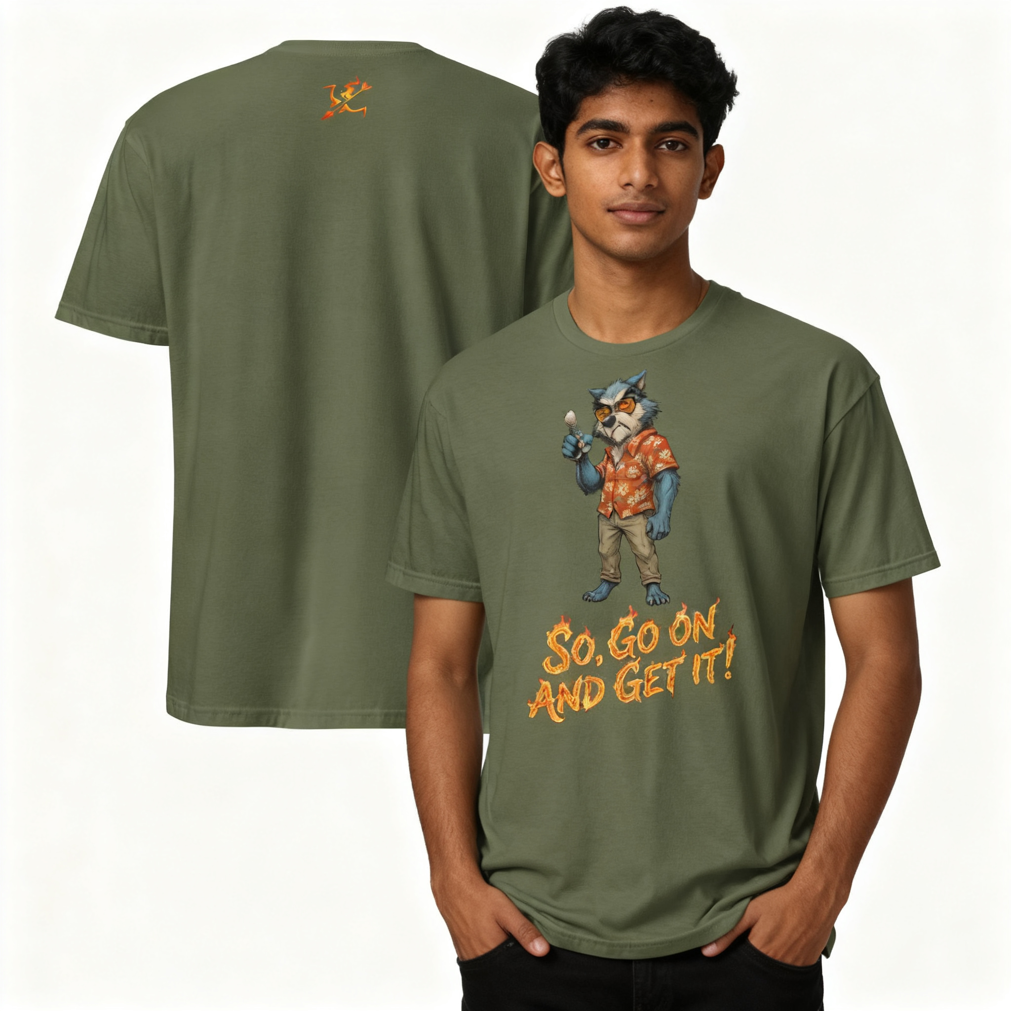 Green t-shirt with a graphic design and text, worn by a person, with the shirt displayed from front and back.