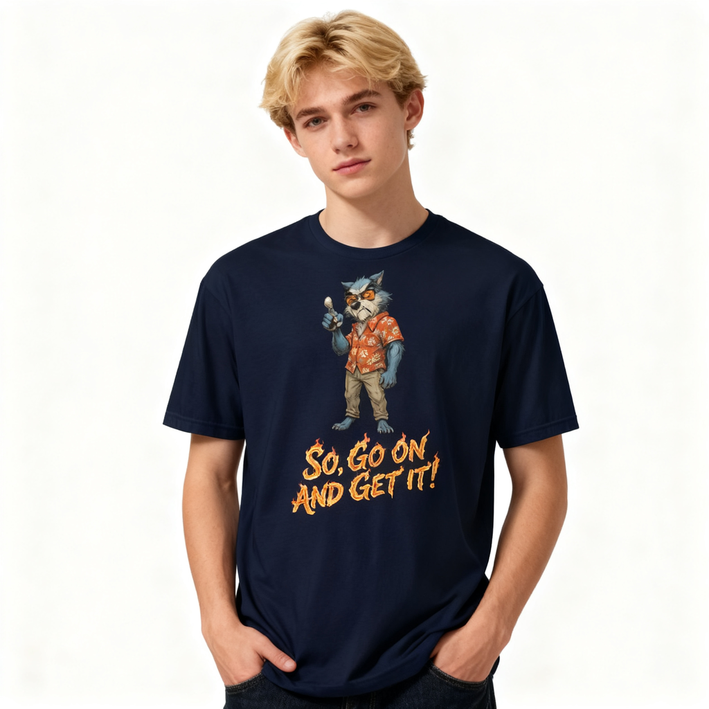 Person wearing a navy blue t-shirt with a graphic of a character and text on a white background