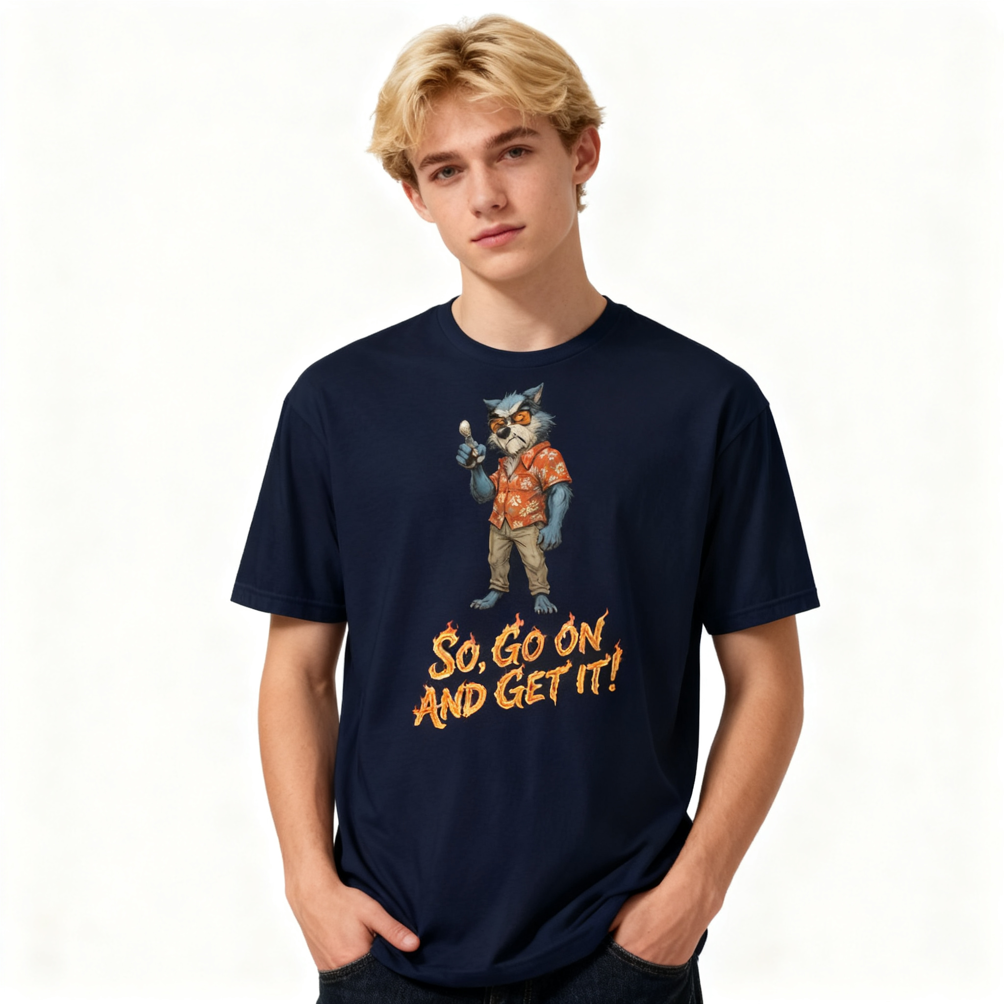 Person wearing a navy blue t-shirt with a graphic of a character and text on a white background