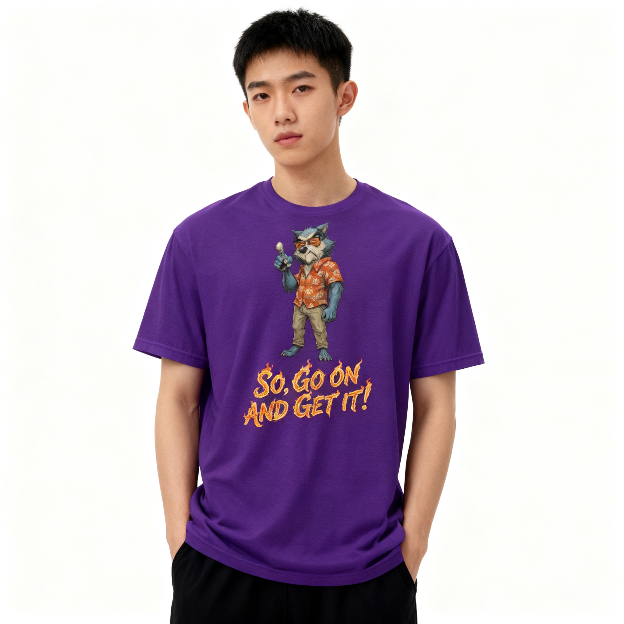 Person wearing a purple t-shirt with a graphic and text on a white background