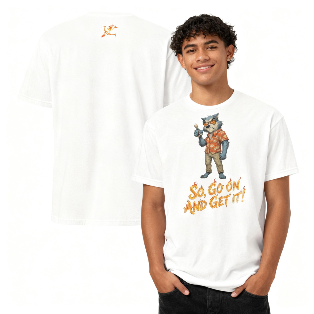 Person wearing a white t-shirt with a graphic design and text, standing against a white background.